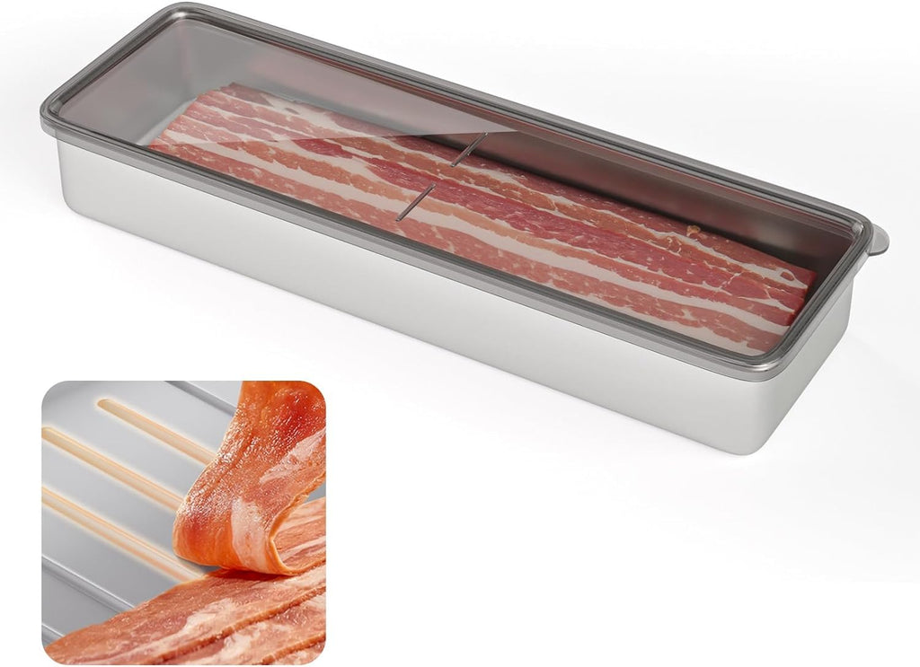 Freshmage Bacon Container for Refrigerator, 1 Pack 304 Stainless Steel Airtight Deli Meat Storage Container for Fridge Dishwasher Safe Long Kitchen Food Storage Containers with Lids with Elevated Base