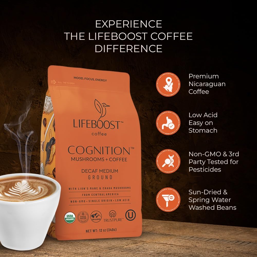 Lifeboost Cognition Adaptogenic Mushroom Coffee - Great Tasting Organic Lions Mane & Chaga Medium Roast Nootropic Coffee - Increase Energy, Boost Focus & Immune Support - 12 oz Bag - Ground
