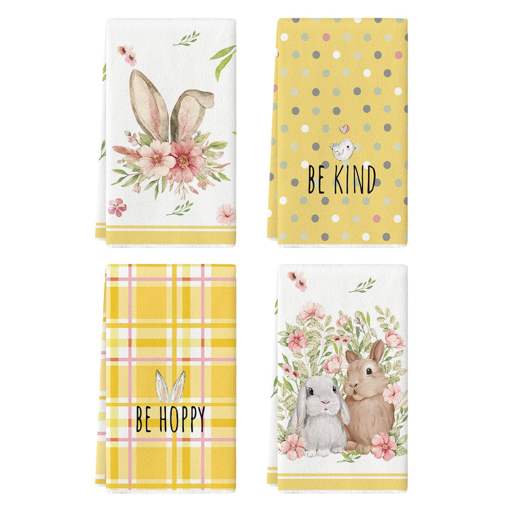 Artoid Mode Pink Bunny Rabbit Ears Floral Leaves Easter Kitchen Towels Dish Towels, 18x26 Inch Be Kind Seasonal Decoration Hand Towels Set of 4