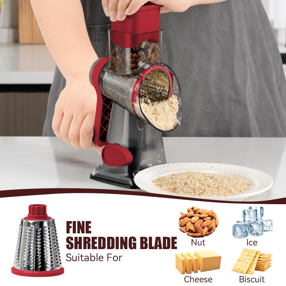 KEOUKE Rotary Cheese Grater Hand Crank Transparent - Shredder Slicer Grinder 3 Stainless Steel Blades, Stable Suction, Labor-Saving Handle, Safe Kitchen Tool for Cheese, Vegetable, Nuts, Chocolate