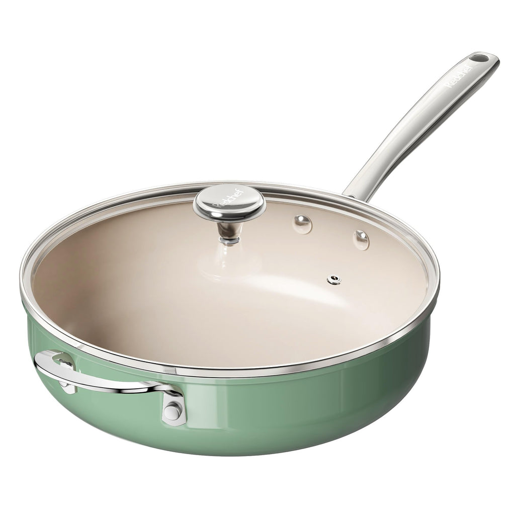 Redchef Ceramic Saute Pan with Lid, Nonstick Deep Frying Pan, 5QT Jumbo Cooker with Helper Handle & Lid, Non Toxic Ceramic Cooking Pan, Chef Pan, Dishwasher & Oven Safe, PFAS PFOA & PTFE Free