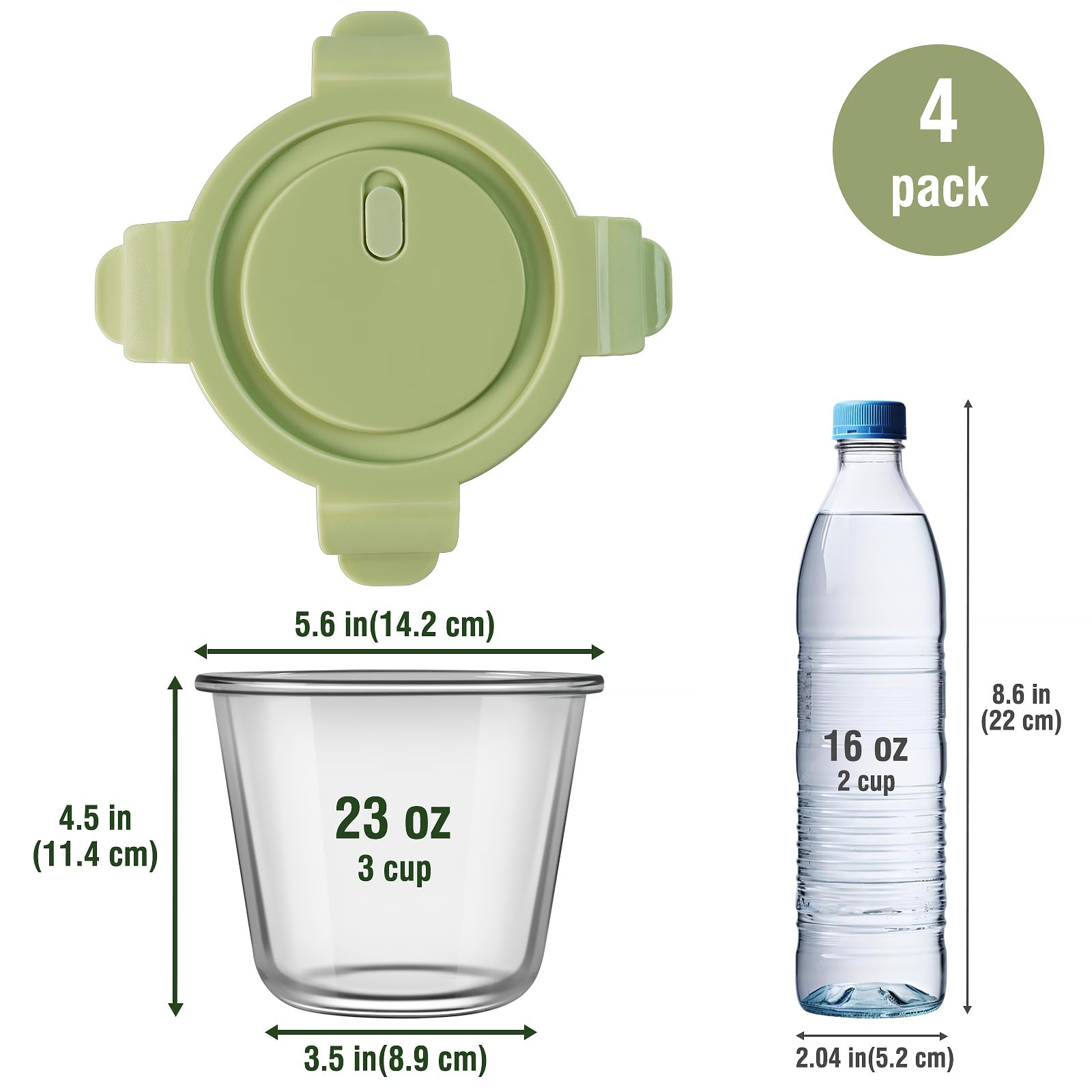 16oz Glass Meal Prep Containers, Airtight 2 Cup Glass Storage Containers with Lids, Heat-Resistant BPA-Free Borosilicate Glass Soup Container for Leftover, Microwave, Dishwasher&Freezer Safe (4 Packs)
