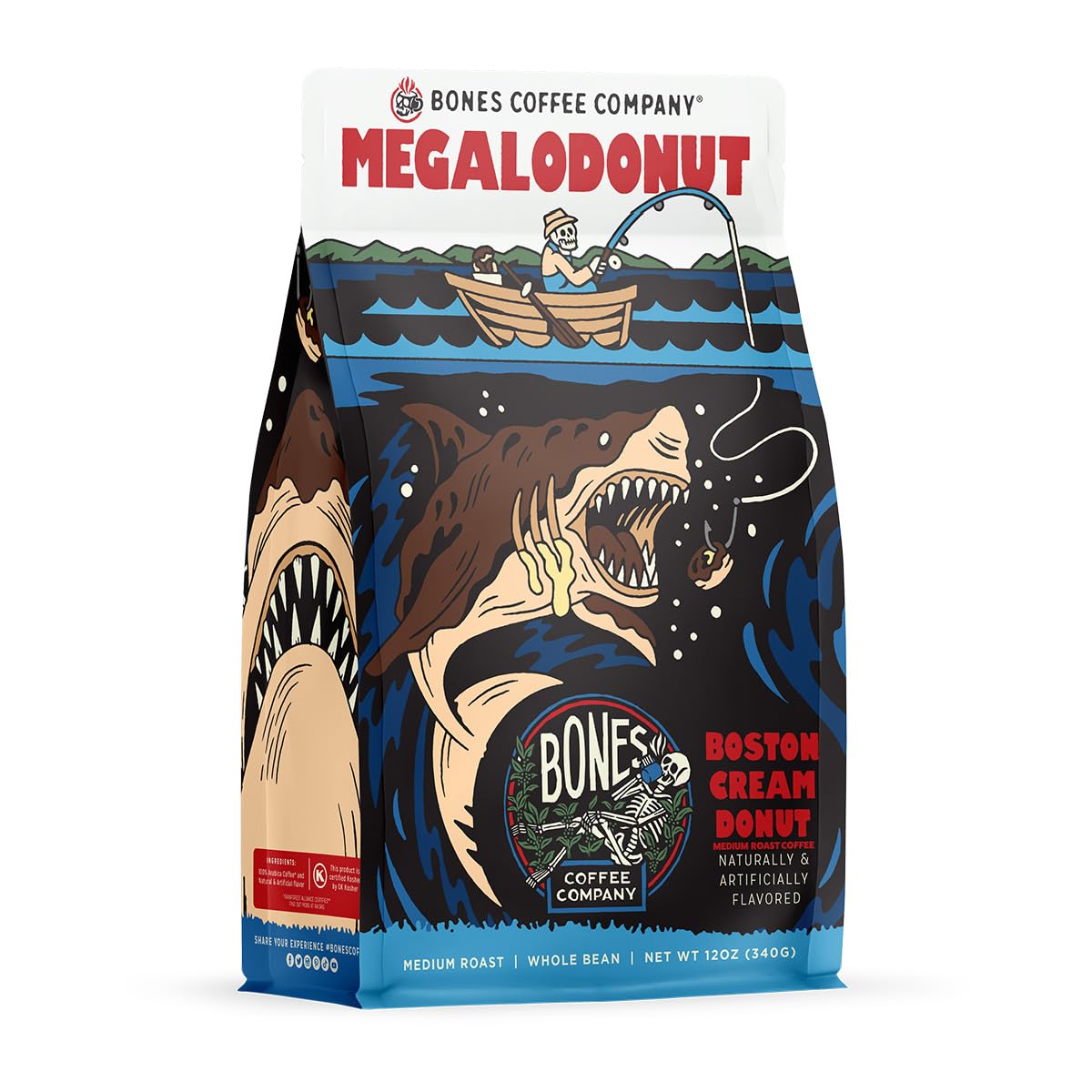 Bones Coffee Company Cinnamon Roll Flavored Coffee, Medium Roast Low Acid Arabica Beans Compatible with Auto drip and French Press Coffee Maker, 12 Oz Whole Bean