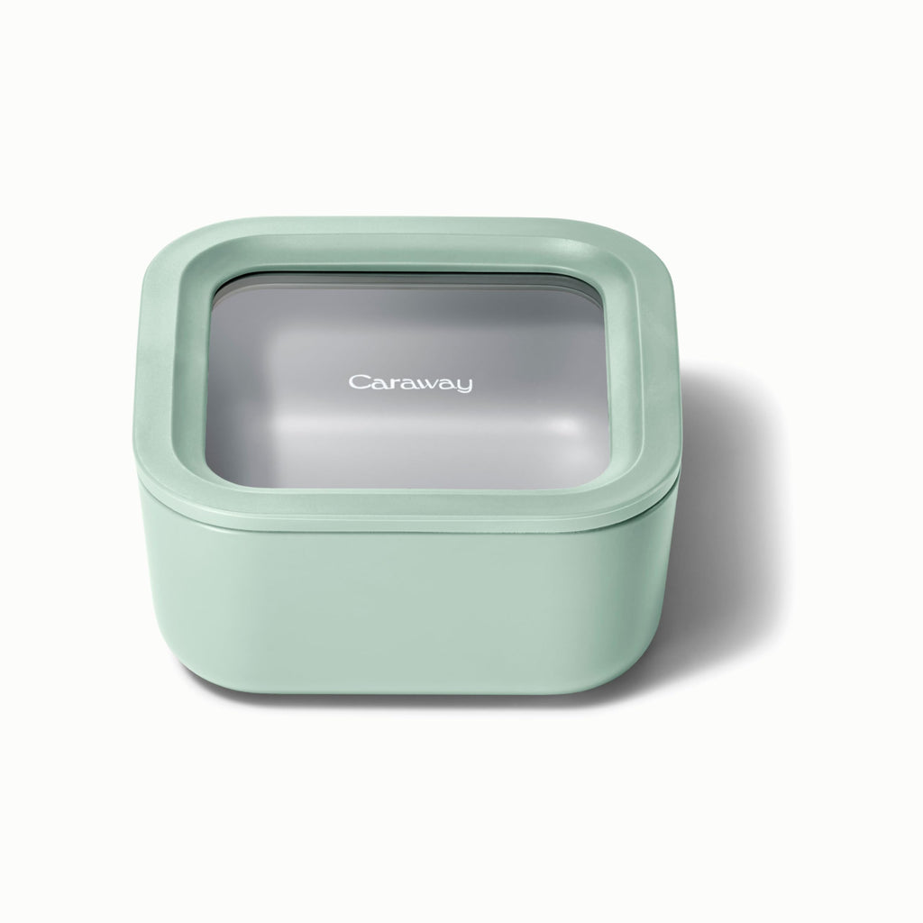 Caraway Glass Food Storage - 6.6 Cup Glass Container - Ceramic Coated Food Container - Non Stick Lunch Box Container with Lids - Dishwasher, Oven, & Microwave Safe - Cream