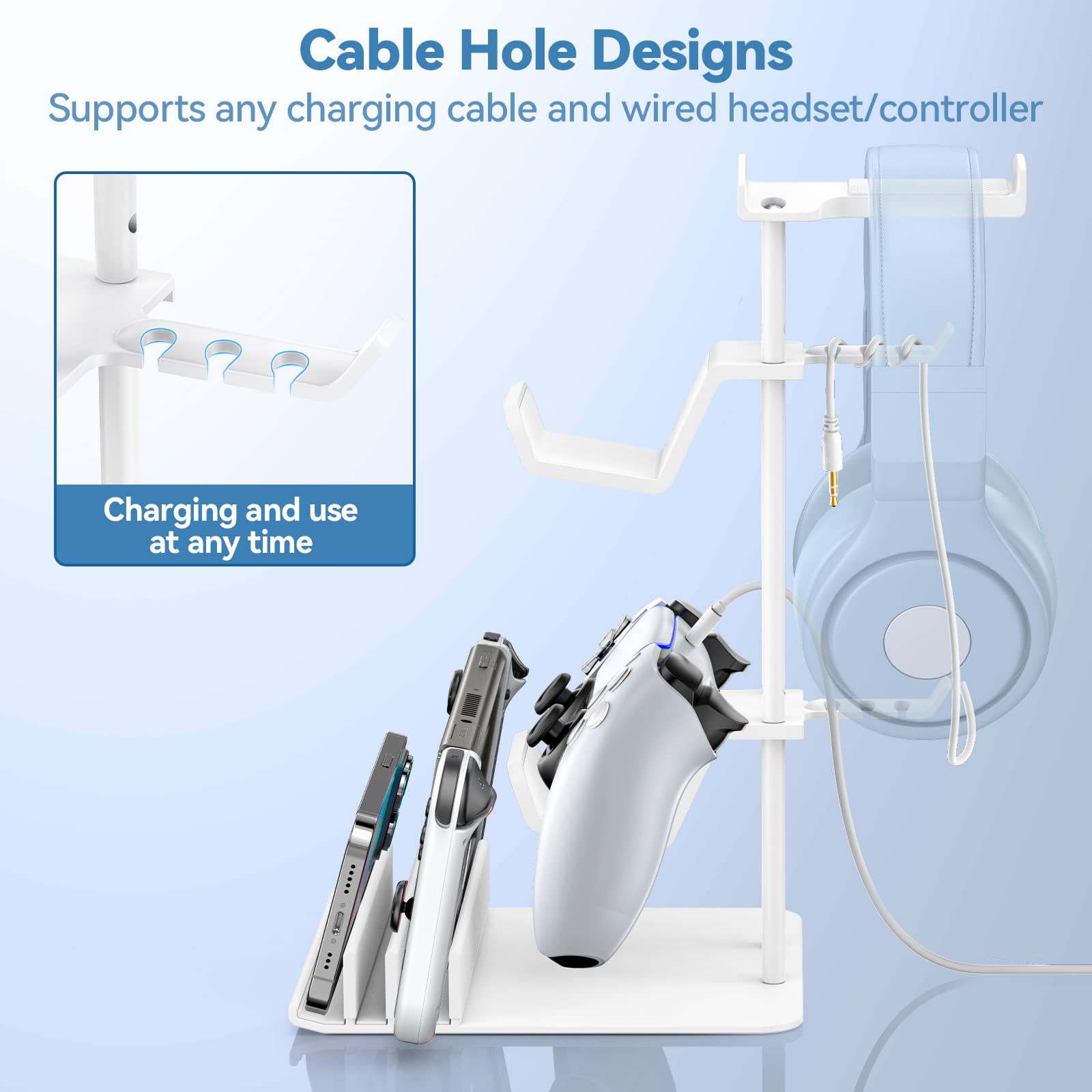 KDD Headphone Stand, Controller Holder & Headset Holder for Desk, Earphone Stand with Aluminum Supporting Bar, Universal Storage Organizer Headphones/Controller/Switch/Mobile Phone