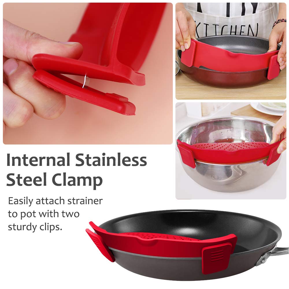 YEVIOR Clip on Strainer for Pots Pan Pasta,Silicone Food Pan Strainer | Food-grade BPA-free,Kitchen Food Strainer for Spaghetti, Pasta,Vegetable Fruits Fits All Bowls and Pots (Green)