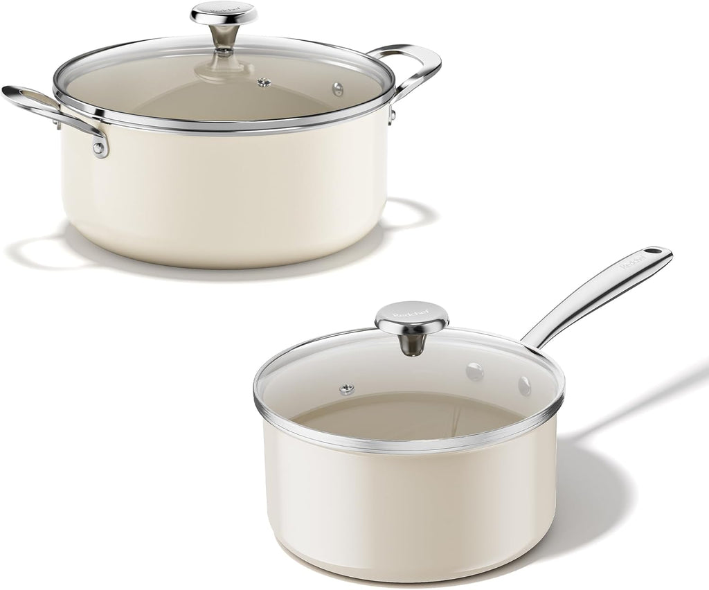Redchef 5 QT Ceramic Stock Pot with Lid, 3.5QT Small Saucepan Stay-Cool Handles, Compatible All Stovetops, PFAS PFOA & PTFE Free (Beige)