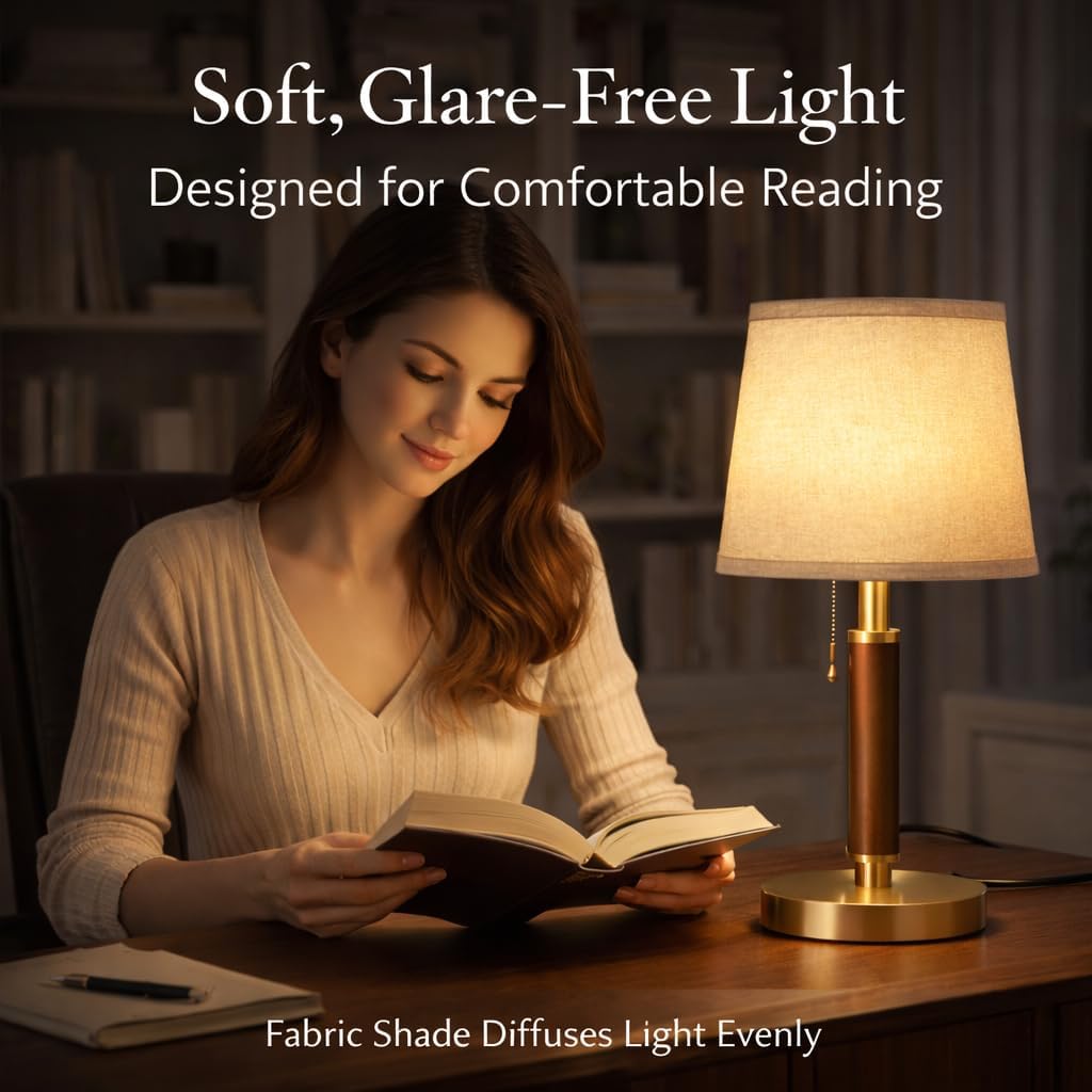 JOOFO LED Table Lamp with Pull Chain, Bedside Lamp with 3 Color Temperatures, Modern Wood Pole Table Lamp for Bedroom, Living Room, Office