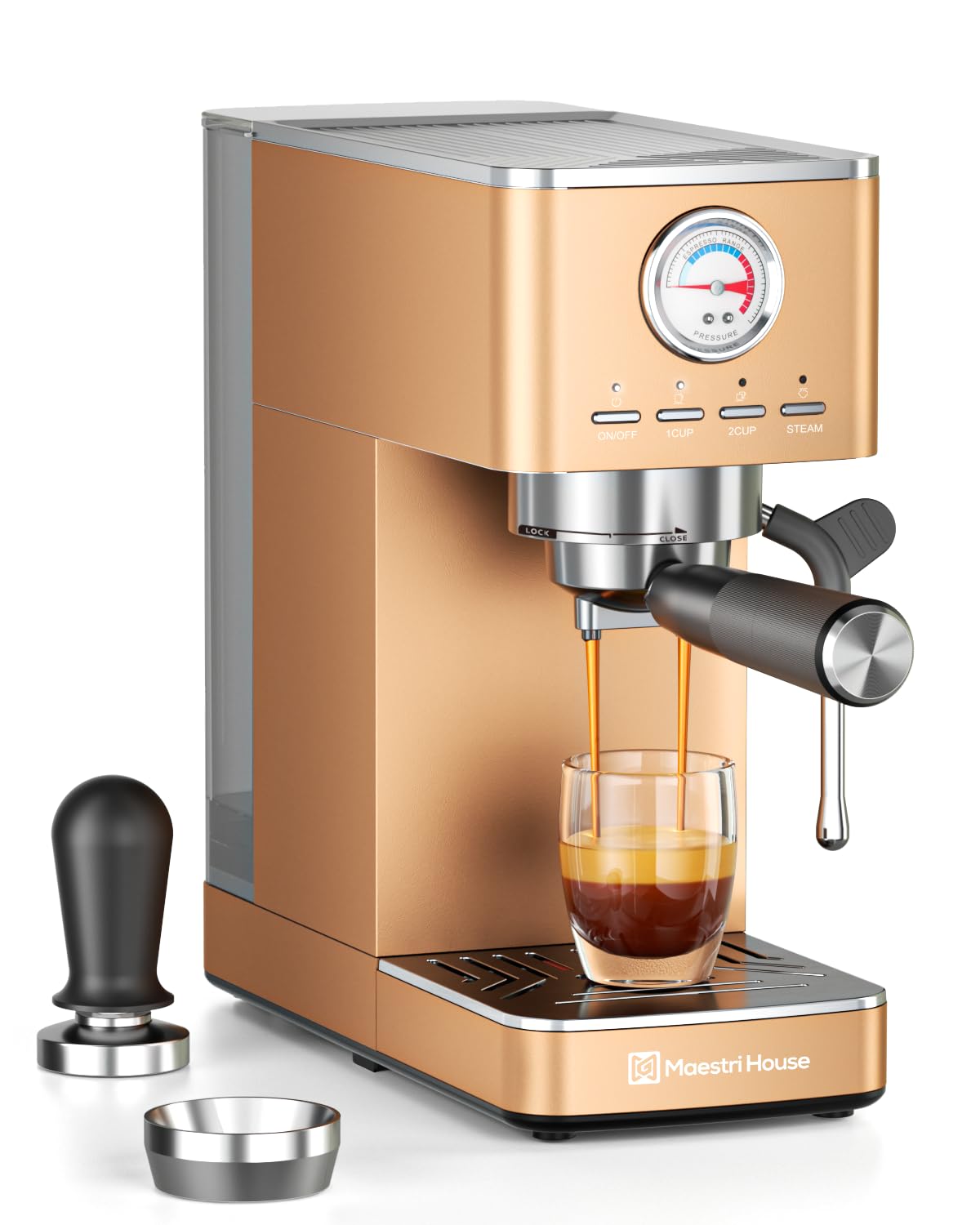 Maestri House Espresso Machine, 20 Bar ULKA Pump, Compact Espresso Maker Built-in Flow Meter Steam Milk Frother, Stainless Steel Coffee Machine for Cappuccino, Latte (Black)