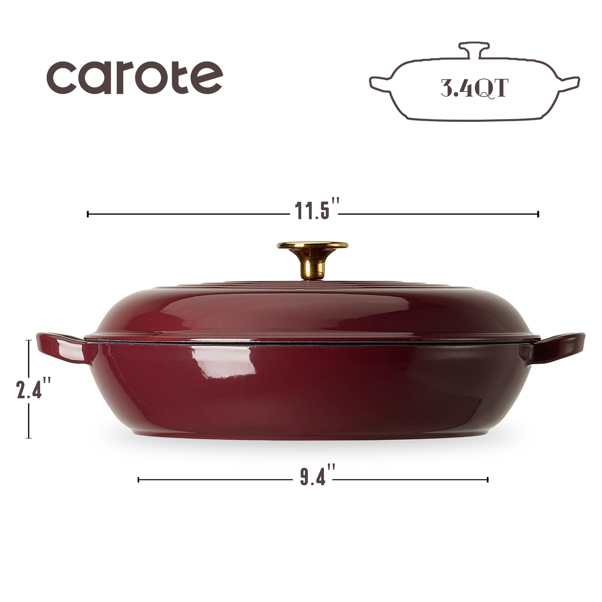 CAROTE 3.4QT Enameled Cast Iron Braiser Pan, Shallow Dutch Oven Casserole Skillets, Non-Toxic Cast Iron Pot with Lid for Grilling, Searing, Baking, Dual Handles, All Stovetop Compatible, White