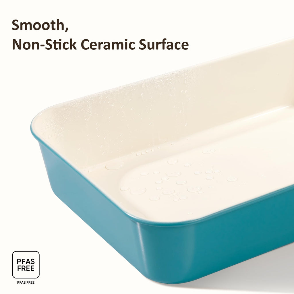 CAROTE 6-Piece Nonstick Ceramic Baking Pans Set - Bakeware Sets Including Cookie Sheets for Baking, Muffin Pan, Bread Pan, Cake pan, Loaf Pan, Cooling Rack, Light Blue & Cream White