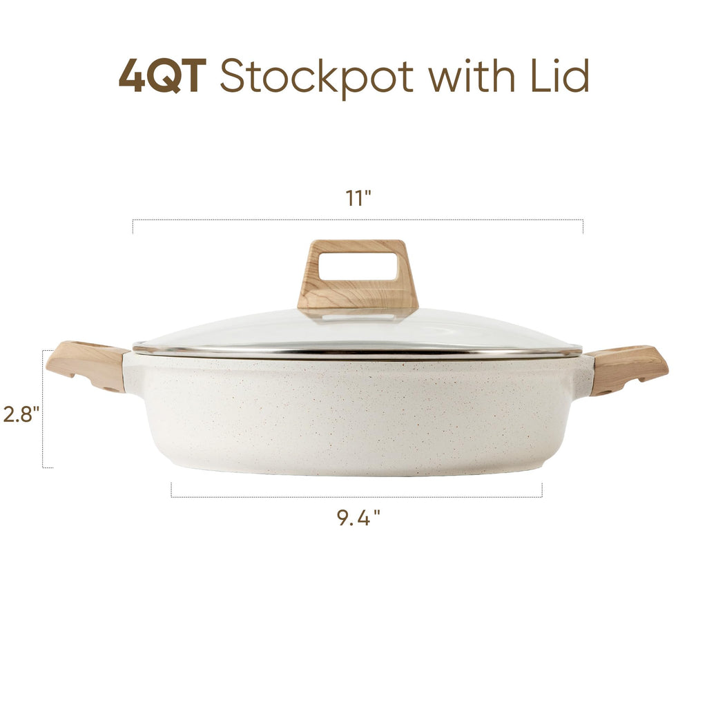 CAROTE Nonstick Stock Pot with Lid Soup Pot, 4 Quart with Lid, Casserole Super Easy to Clean Non Stick Cooking Pot Cookware PFOA Free, White Granite