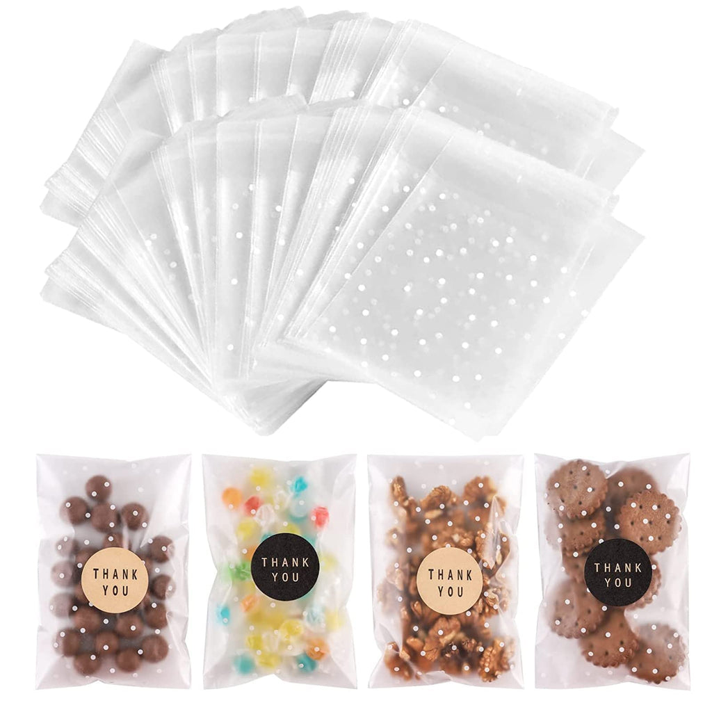 100PACK Self Sealing Cellophane Bags Clear Cookie Treat Bags Thank You for Gift Giving Candy with Stickers(White Polka Dot, 4x4 INCH)