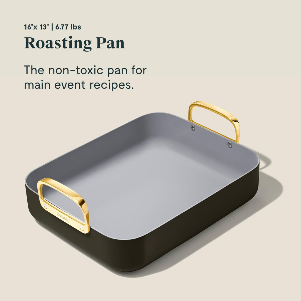 Caraway Roasting Pan - 16x13” Roasting Pan with Rack - Non-Stick Ceramic Coated - Non Toxic, PTFE & PFOA Free - Oven Safe & Compatible with All Stovetops - Cream