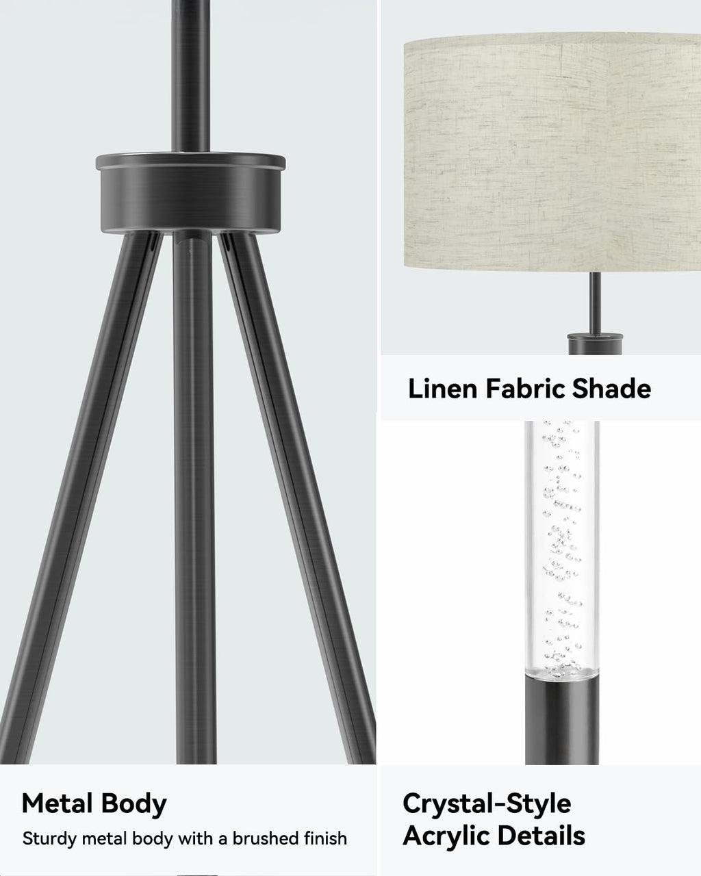 JOOFO Tripod Floor Lamp with Fabric Shade, Crystal-Style Acrylic & Metal Pole Design, Stepless Dimmable Standing Floor Lamp with Remote Control, Mid-Century Style for Living Room Bedroom,Satin Nickel