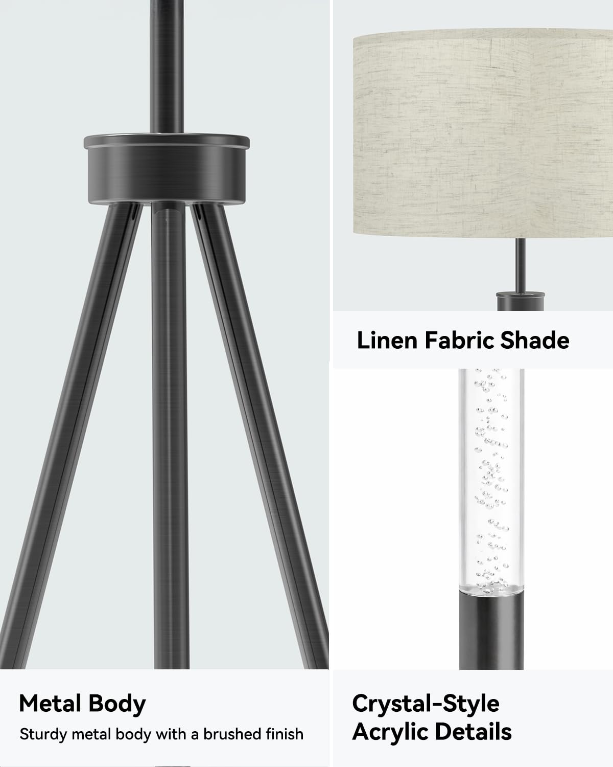 JOOFO Tripod Floor Lamp with Fabric Shade, Crystal-Style Acrylic & Metal Pole Design, Stepless Dimmable Standing Floor Lamp with Remote Control, Mid-Century Style for Living Room Bedroom,Satin Nickel