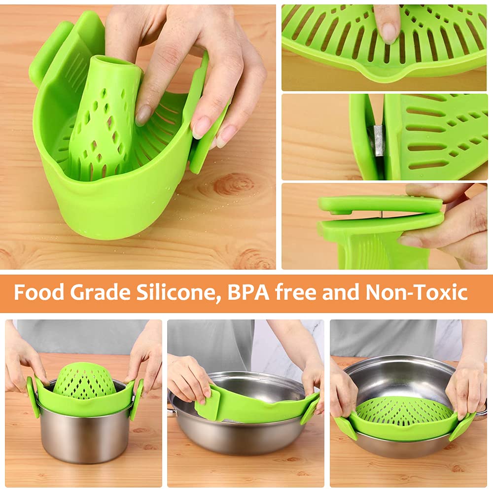 YEVIOR Clip on Strainer for Pots Pan Pasta,Silicone Food Pan Strainer | Food-grade BPA-free,Kitchen Food Strainer for Spaghetti, Pasta,Vegetable Fruits Fits All Bowls and Pots (Green)