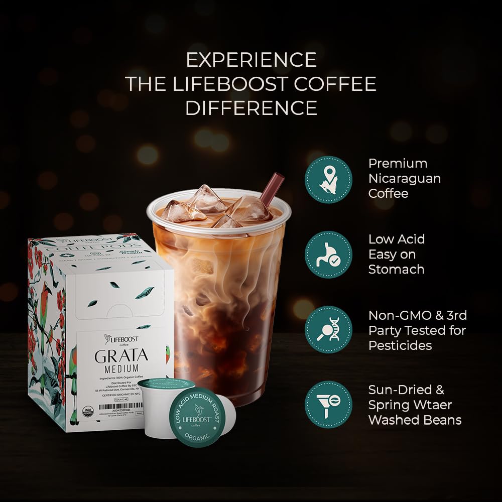Lifeboost Medium Roast Low Acid Coffee K Cups - Single Origin Mold Free Non-GMO Organic Coffee Pods - Compatible with Keurig & Keurig 2 Machines - 10 Count