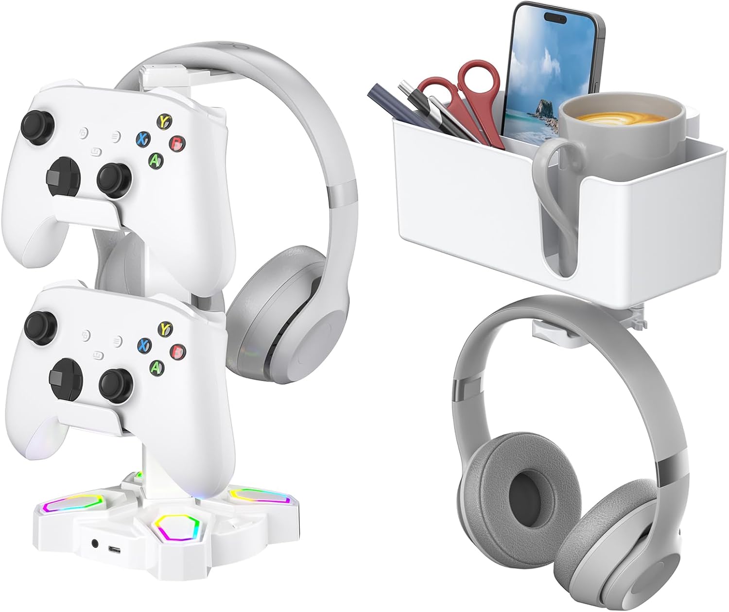 KDD Gaming RGB Headphones Stand & 4 in 1 Desk Cup Holder - Rotatable Headset Stand with 9 Light Modes - Clamp on Under Desk Headphone Hanger