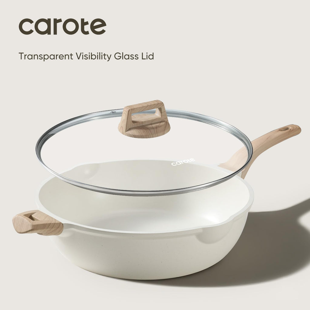 CAROTE 12Inch Nonstick Deep Frying Pan with Lid, 5.5 Qt Jumbo Cooker Saute Pan with Pour Spout, Skillet Induction Cookware, Non Stick Cooking Pan Kitchen Pan PFOA Free, White Granite