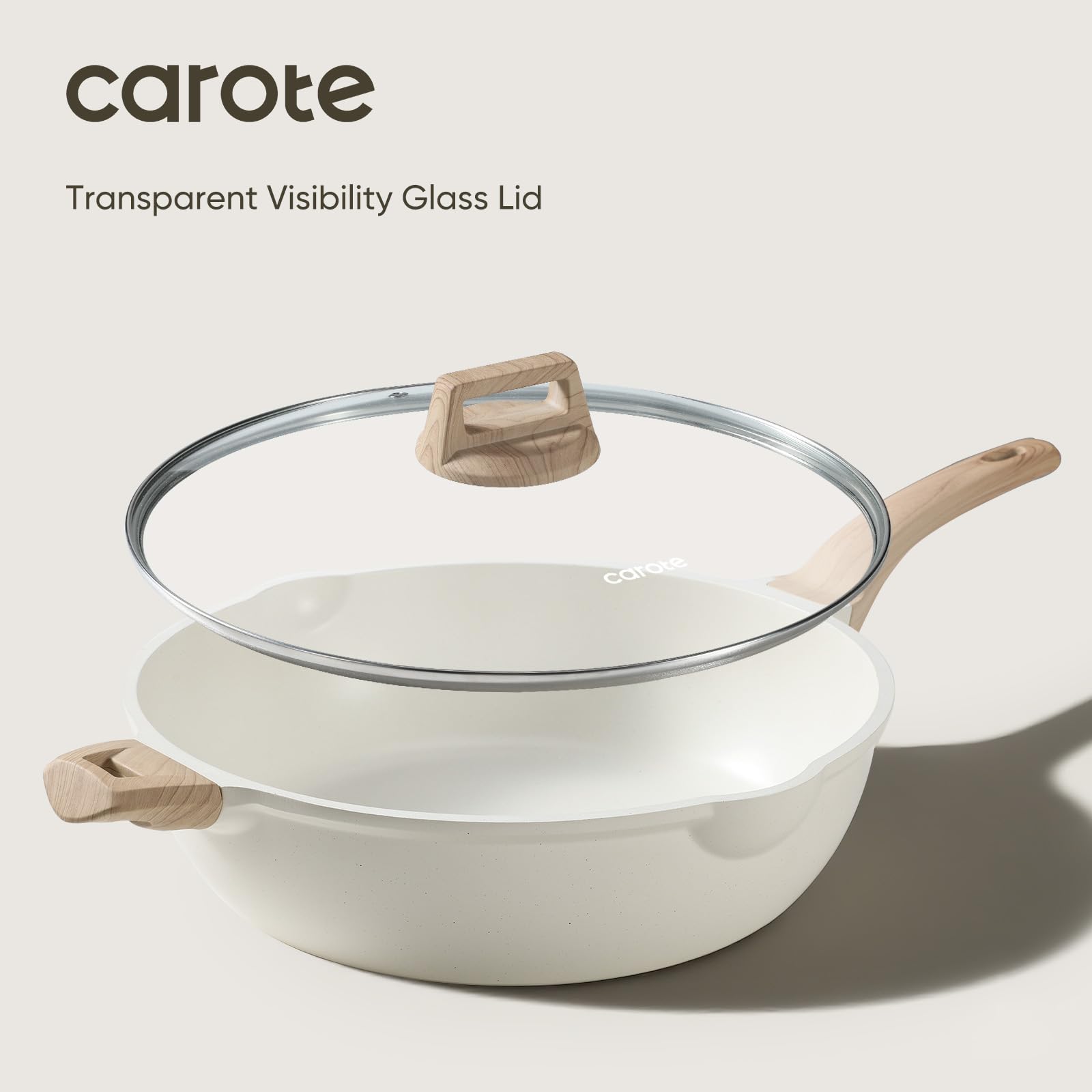 CAROTE 12Inch Nonstick Deep Frying Pan with Lid, 5.5 Qt Jumbo Cooker Saute Pan with Pour Spout, Skillet Induction Cookware, Non Stick Cooking Pan Kitchen Pan PFOA Free, White Granite