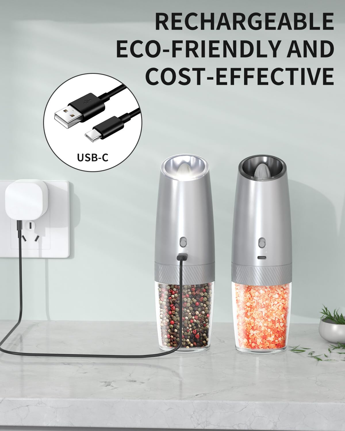 CIRCLE JOY Rechargeable Salt and Pepper Grinder Set Gravity Electric Salt and Pepper Grinder Set, LED Light, Adjustable Coarseness, for Home Kitchen BBQ, Black & White