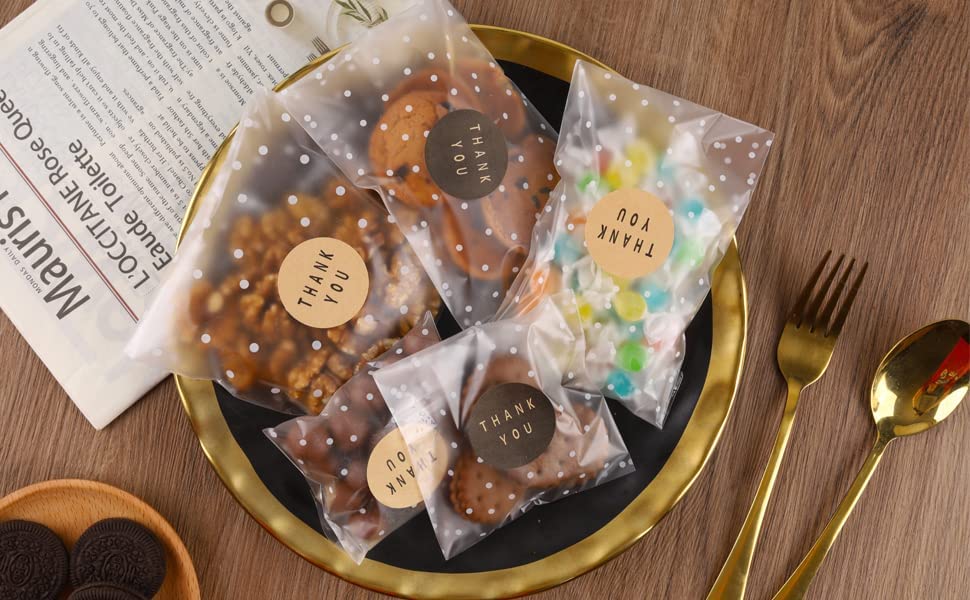 100PACK Self Sealing Cellophane Bags Clear Cookie Treat Bags Thank You for Gift Giving Candy with Stickers(White Polka Dot, 4x4 INCH)