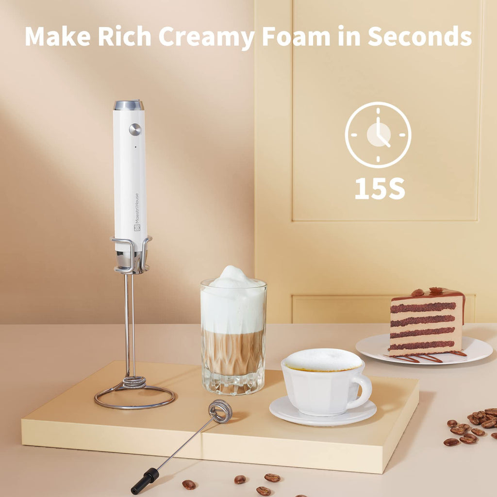 Maestri House Rechargeable Milk Frother with Stand, LunaFro Handheld Electric Foam Maker Waterproof Detachable Stainless Steel Whisk Drink Mixer Foamer for Lattes, Cappuccino