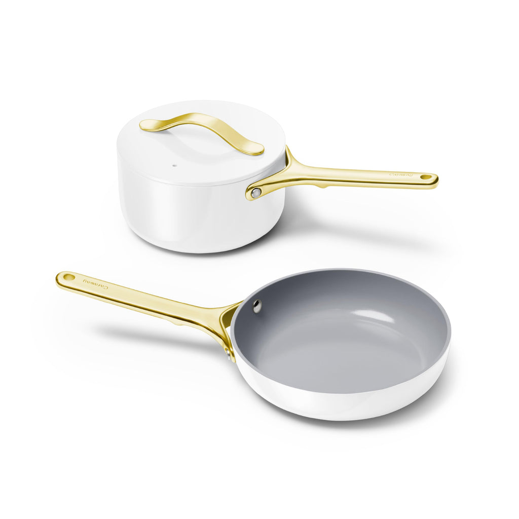 Caraway Mini Cookware Set - Non-Stick Ceramic Fry Pan (1.05 qt, 8") Sauce Pan (1.75 qt) & Storage Rack - Non Toxic, PTFE & PFOA Free - Oven Safe & Stovetop Agnostic (Gas, Electric & Induction) - Cream
