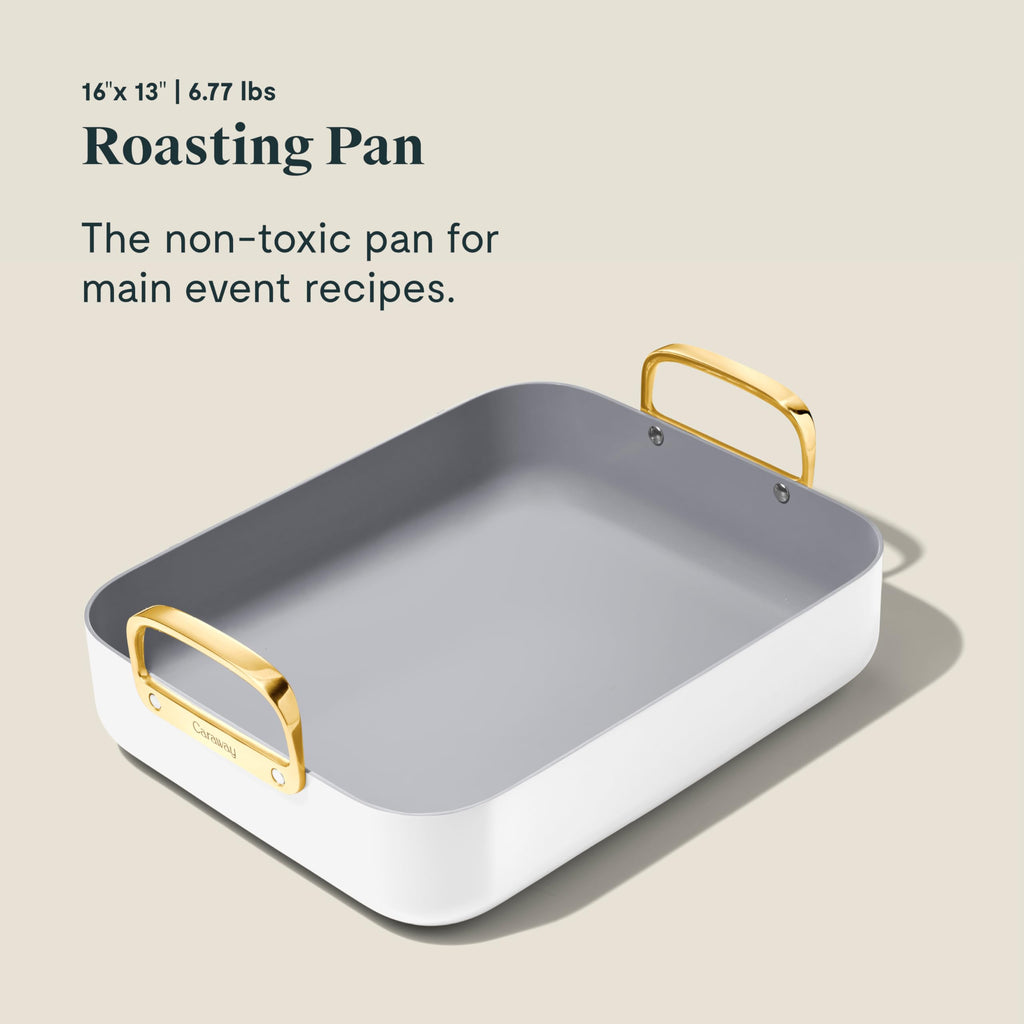 Caraway Roasting Pan - 16x13” Roasting Pan with Rack - Non-Stick Ceramic Coated - Non Toxic, PTFE & PFOA Free - Oven Safe & Compatible with All Stovetops - Cream