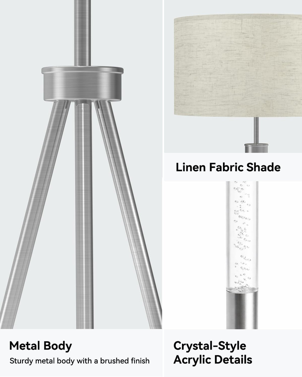JOOFO Tripod Floor Lamp with Fabric Shade, Crystal-Style Acrylic & Metal Pole Design, Stepless Dimmable Standing Floor Lamp with Remote Control, Mid-Century Style for Living Room Bedroom,Satin Nickel