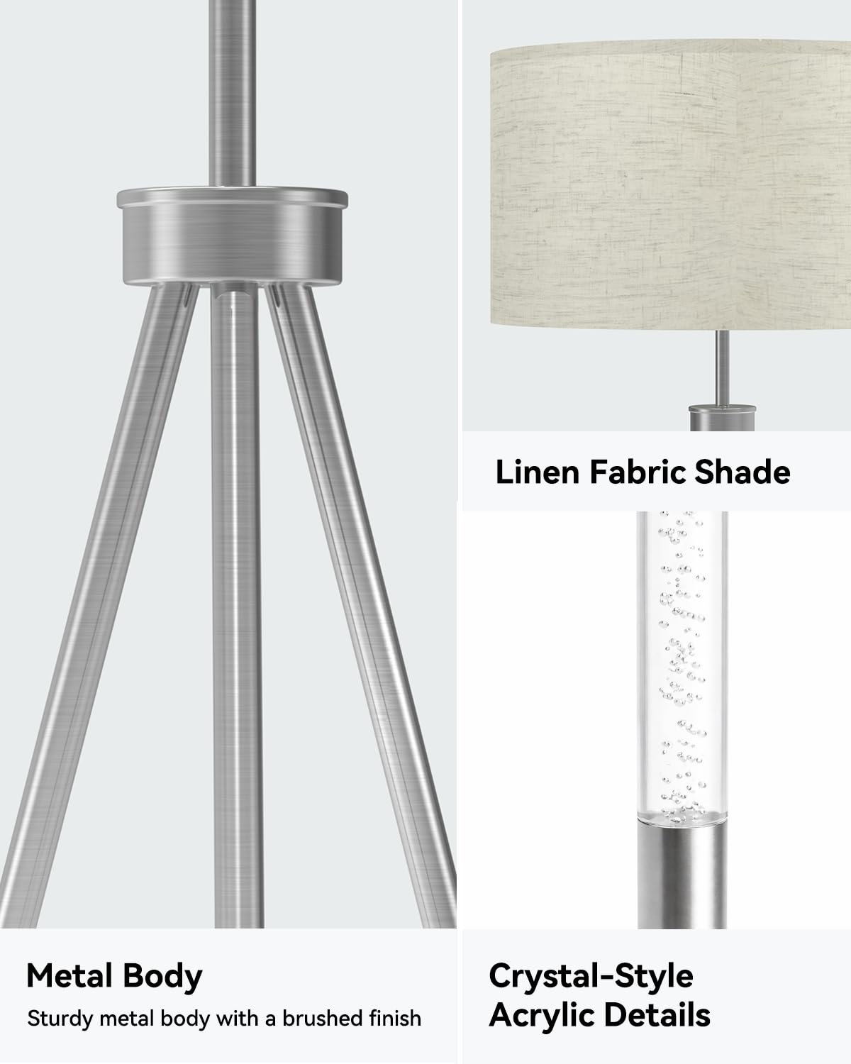 JOOFO Tripod Floor Lamp with Fabric Shade, Crystal-Style Acrylic & Metal Pole Design, Stepless Dimmable Standing Floor Lamp with Remote Control, Mid-Century Style for Living Room Bedroom,Satin Nickel