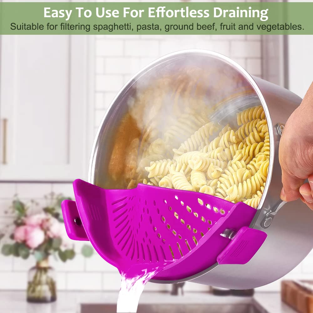 YEVIOR Clip on Strainer for Pots Pan Pasta,Silicone Food Pan Strainer | Food-grade BPA-free,Kitchen Food Strainer for Spaghetti, Pasta,Vegetable Fruits Fits All Bowls and Pots (Green)