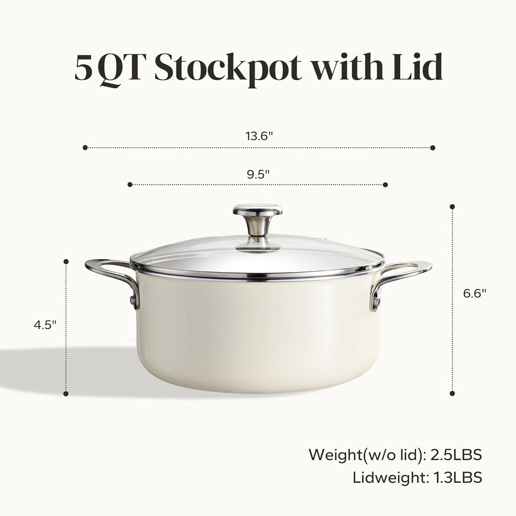 Redchef 5 QT Ceramic Stock Pot with Lid, 5QT Ceramic Saute Pan Stay-Cool Handles, Dishwasher & Oven Safe, PFAS PFOA & PTFE Free (Beige)