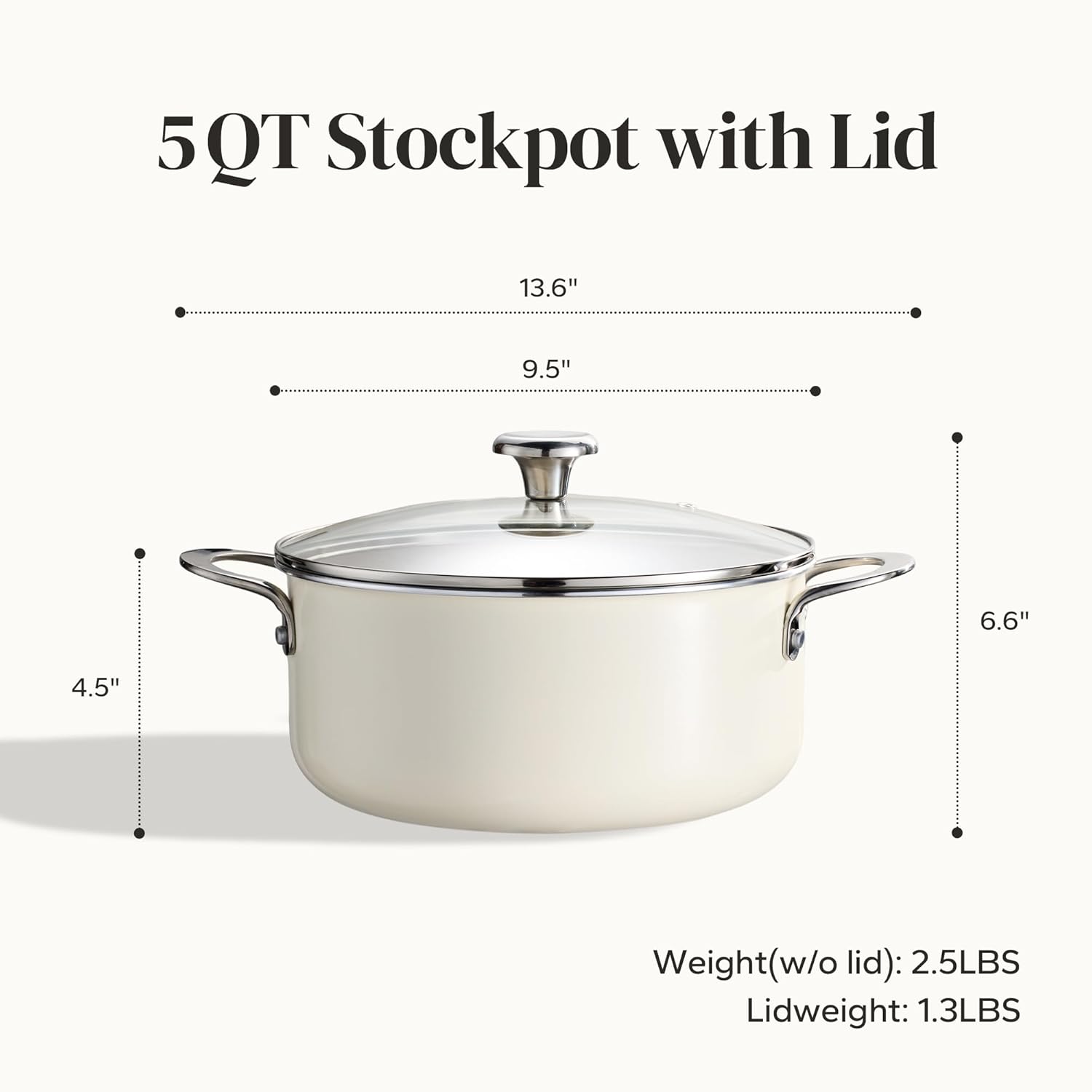 Redchef 5 QT Ceramic Stock Pot with Lid, 5QT Ceramic Saute Pan Stay-Cool Handles, Dishwasher & Oven Safe, PFAS PFOA & PTFE Free (Beige)