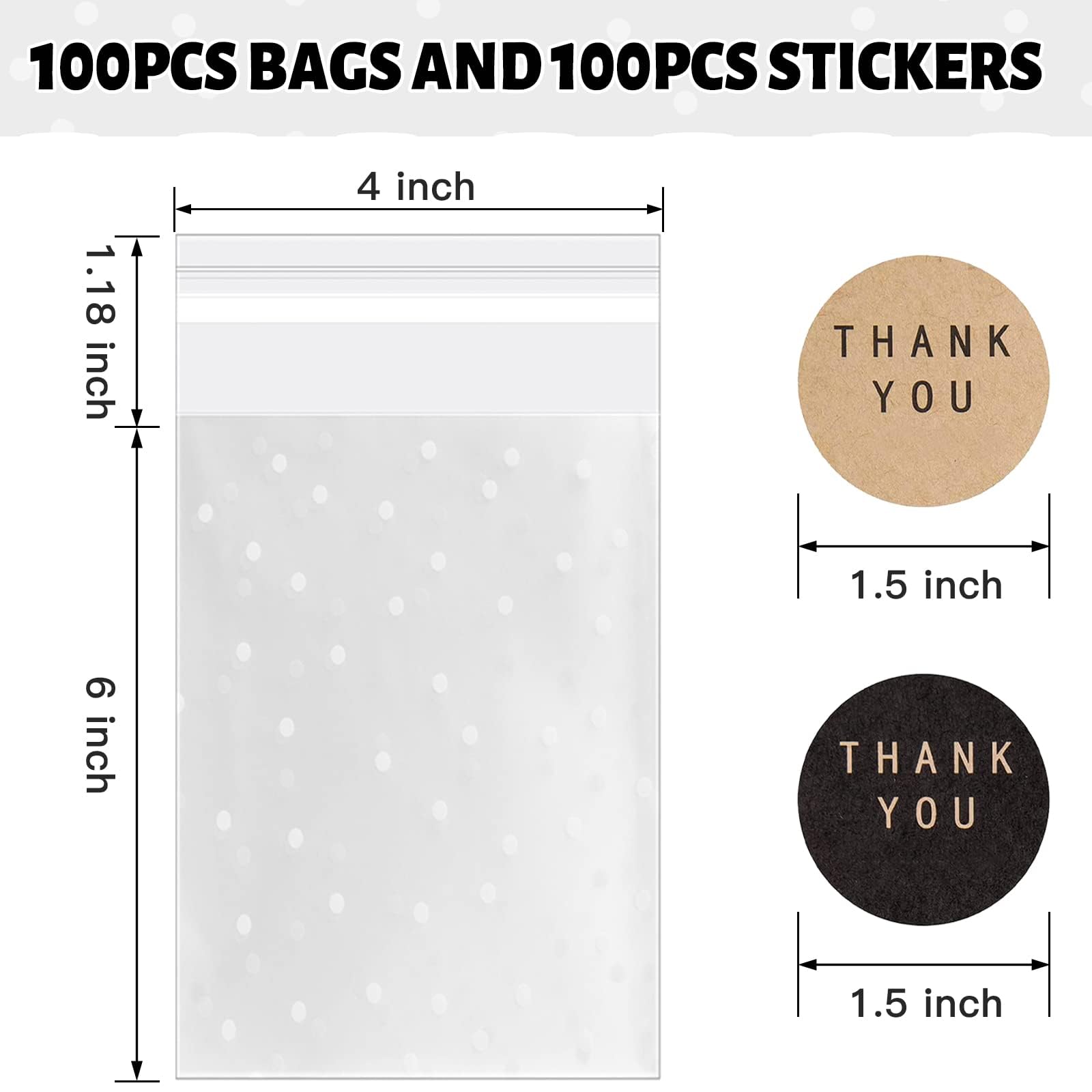 100PACK Self Sealing Cellophane Bags Clear Cookie Treat Bags Thank You for Gift Giving Candy with Stickers(White Polka Dot, 4x4 INCH)