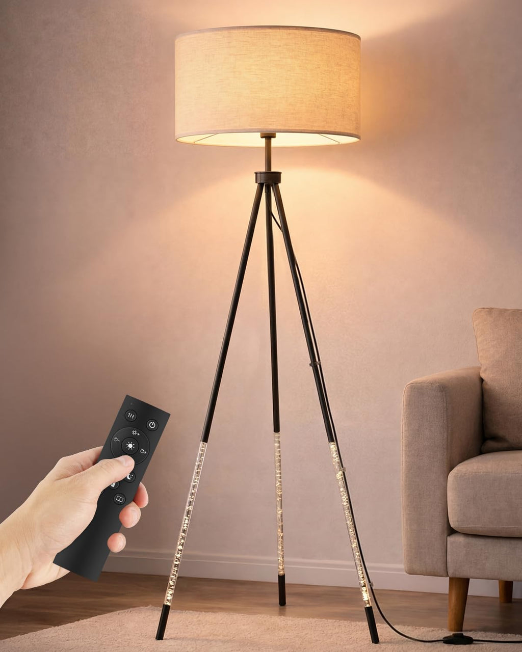 JOOFO Tripod Floor Lamp with Fabric Shade, Crystal-Style Acrylic & Metal Pole Design, Stepless Dimmable Standing Floor Lamp with Remote Control, Mid-Century Style for Living Room Bedroom,Satin Nickel