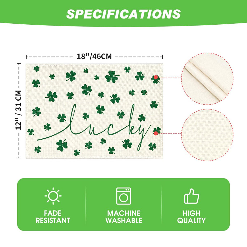 Artoid Mode Green Lucky Shamrock St. Patrick's Day Placemats Set of 4, 12x18 Inch Seasonal Spring Table Mats for Party Kitchen Dining Decoration