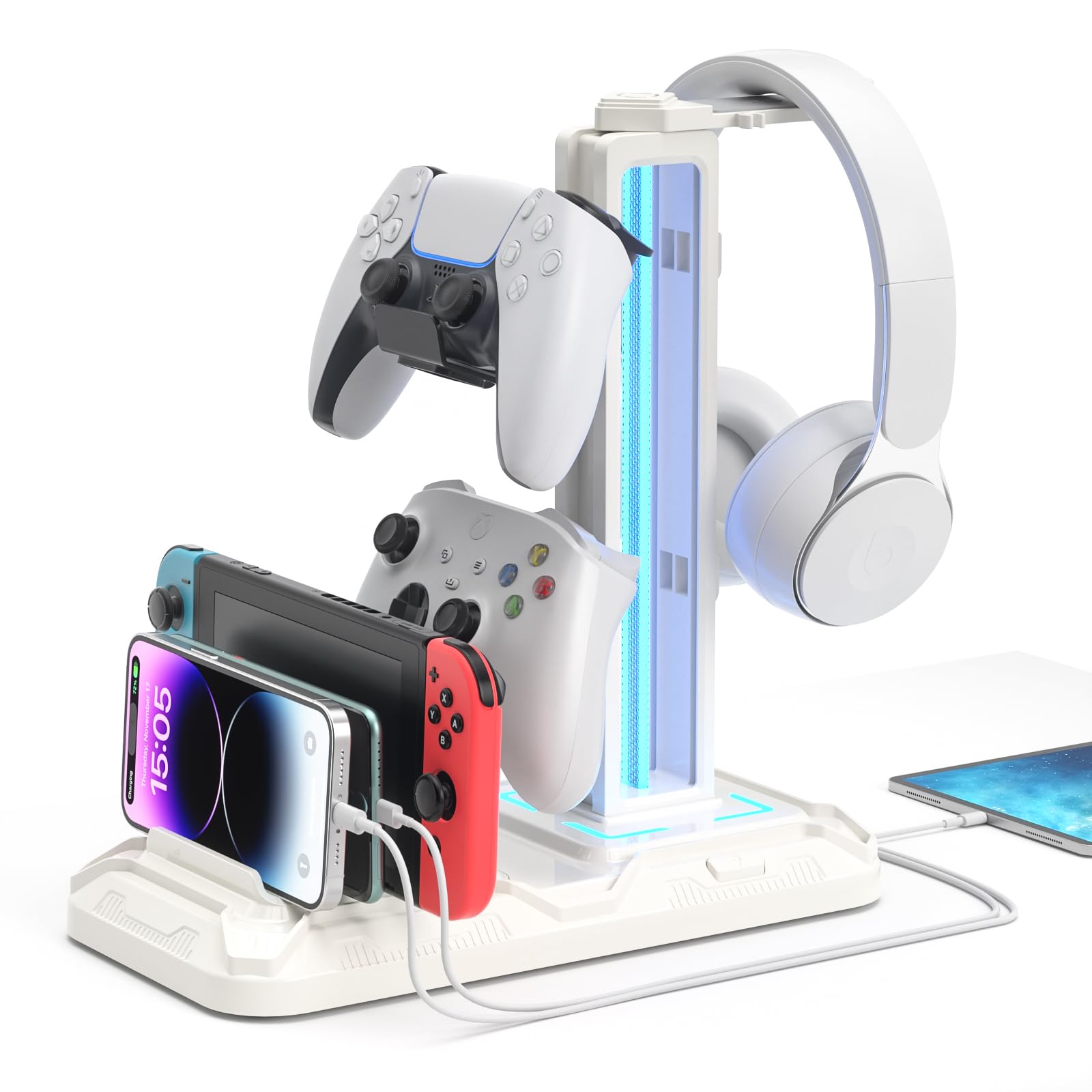 KDD Headset Stand with Charging Station - Detachable Controller Holder with 9 Light Modes - Rotatable Headphone Hanger with USB A&C Charger Ports - Earphone Hook for PC Gaming Accessories Storage