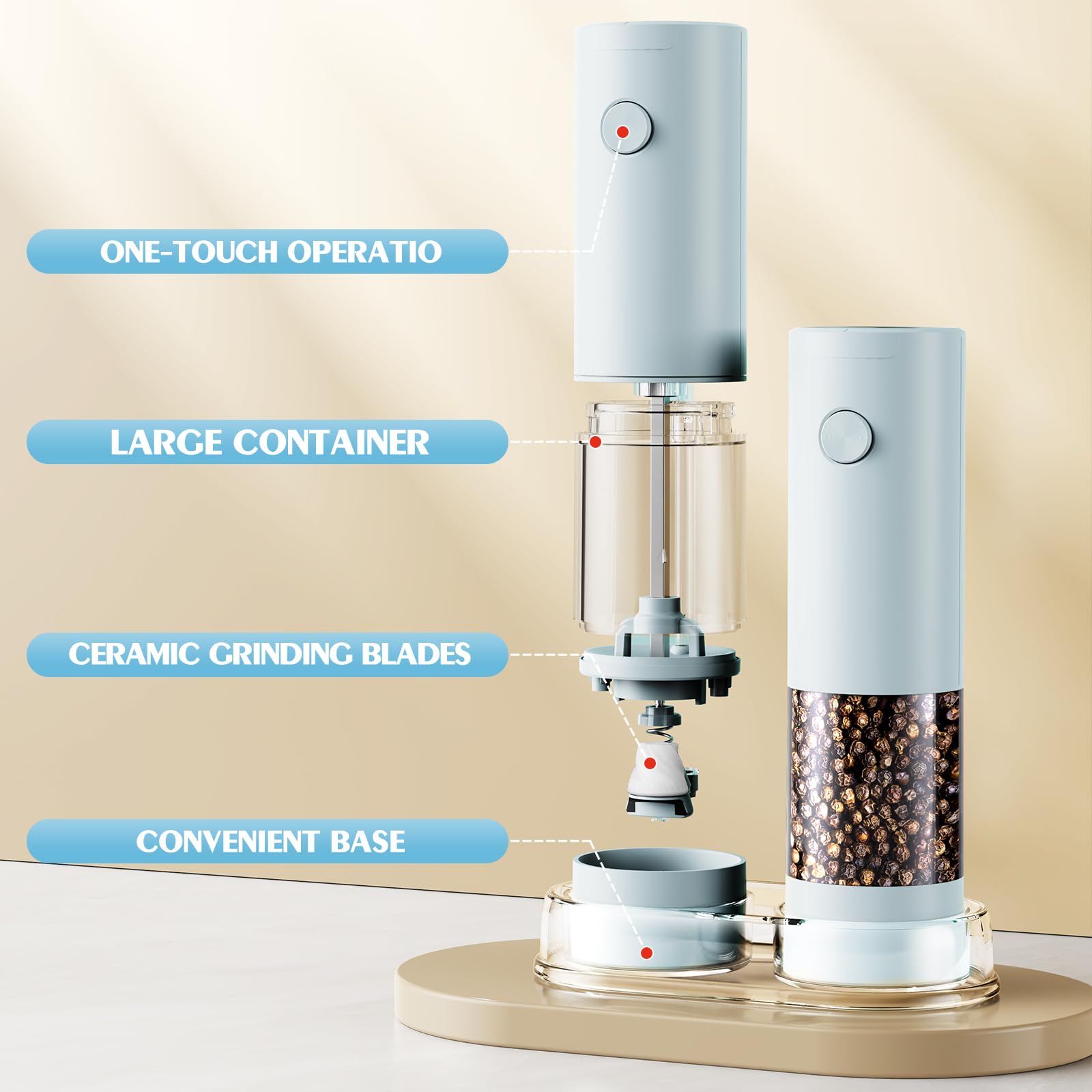 Electric Salt and Pepper Grinder Set Automatic Battery Pepper Mill Shakers Adjustable Coarseness Upgraded Larger Capacity with Led Home and Kitchen Appliances Birthday Gifts for Women Mom