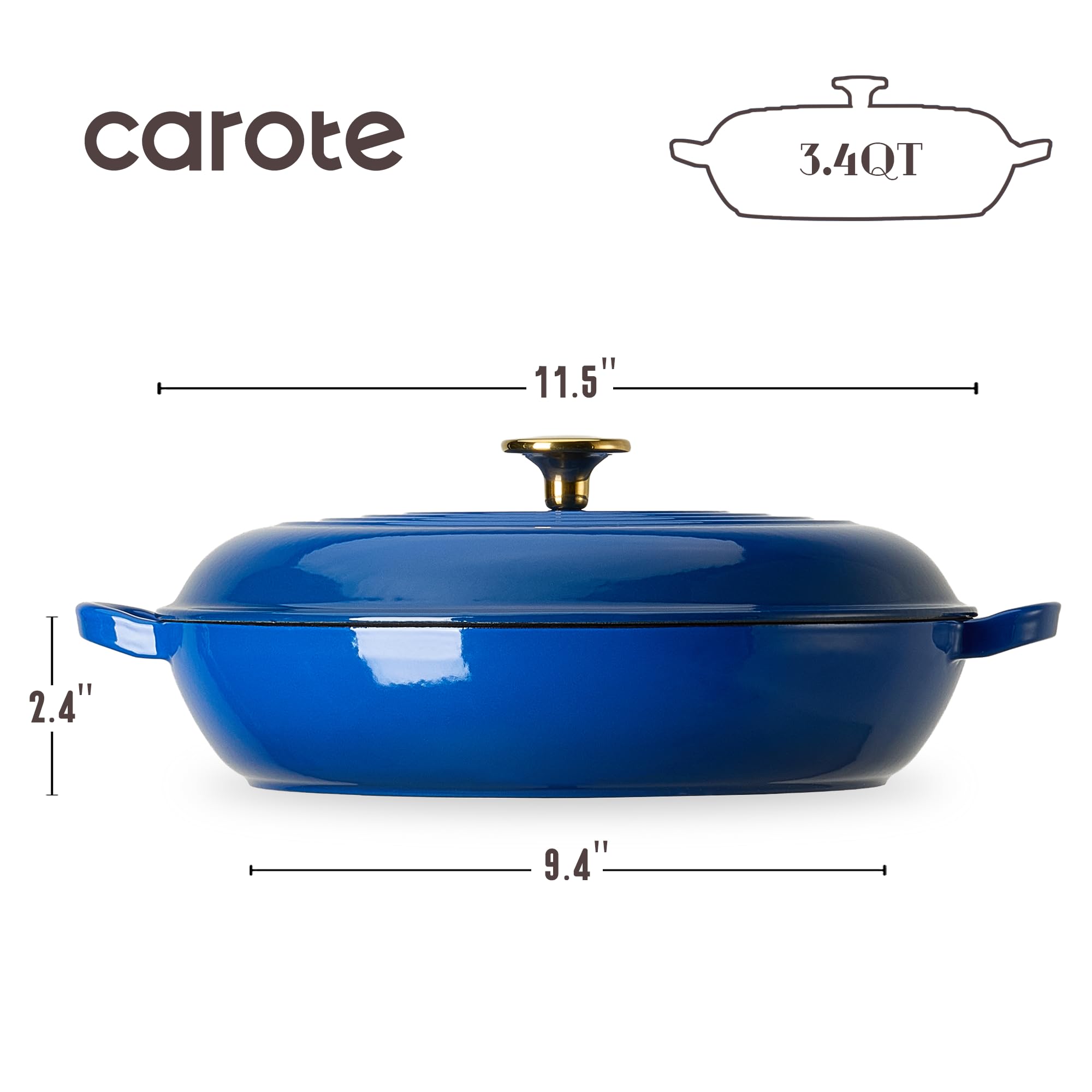 CAROTE 3.4QT Enameled Cast Iron Braiser Pan, Shallow Dutch Oven Casserole Skillets, Non-Toxic Cast Iron Pot with Lid for Grilling, Searing, Baking, Dual Handles, All Stovetop Compatible, White