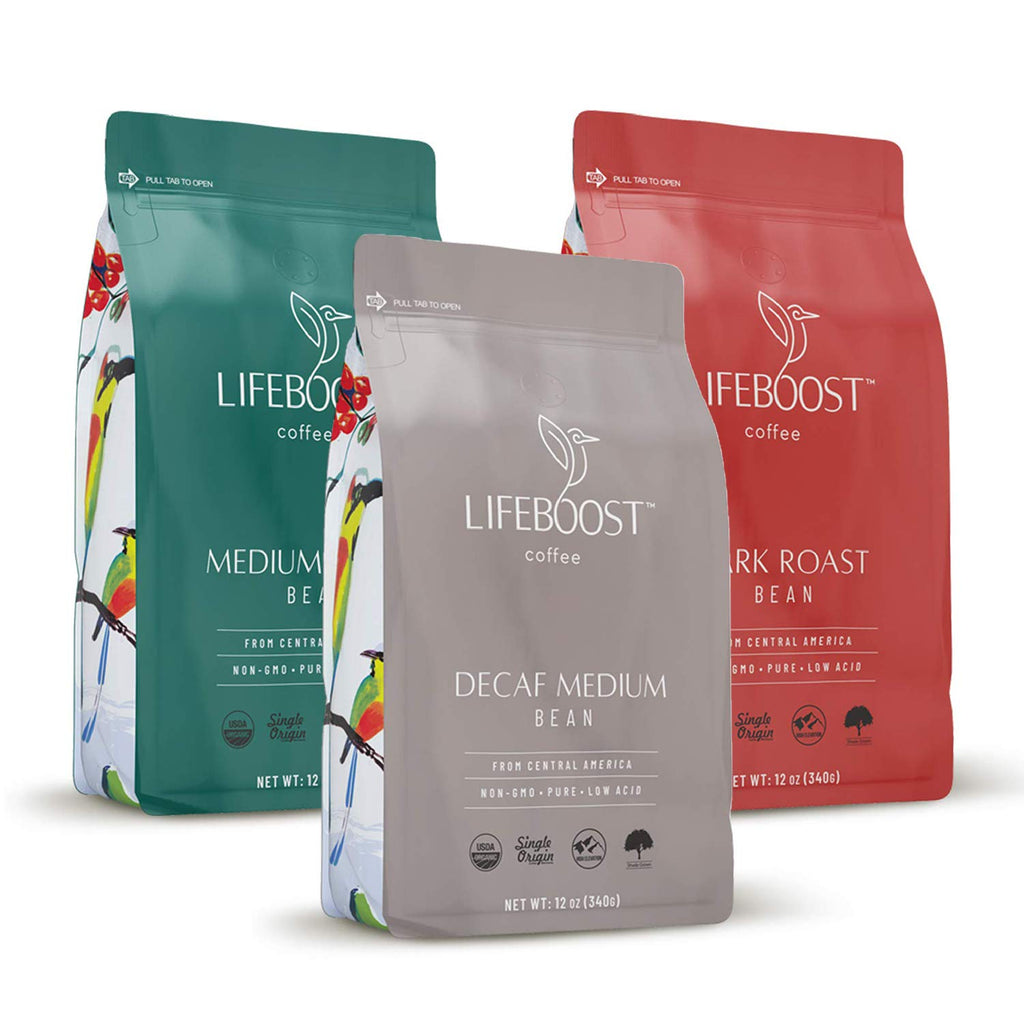 Lifeboost Coffee Whole Bean Coffee - 3 Pack Bundle - Low Acid Dark Roast, Medium Roast & Decaf