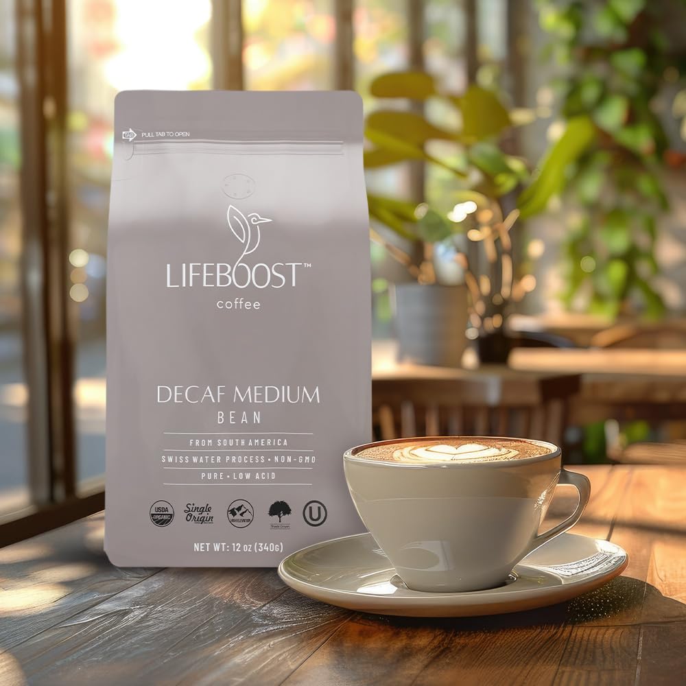 Lifeboost Medium Roast Swiss Water Decaf Whole Bean Coffee - Low Acid Organic Decaf Coffee, Non-GMO, USDA Organic, Single Origin, Third-Party Tested for Mycotoxins & Pesticides - 12 oz Bag