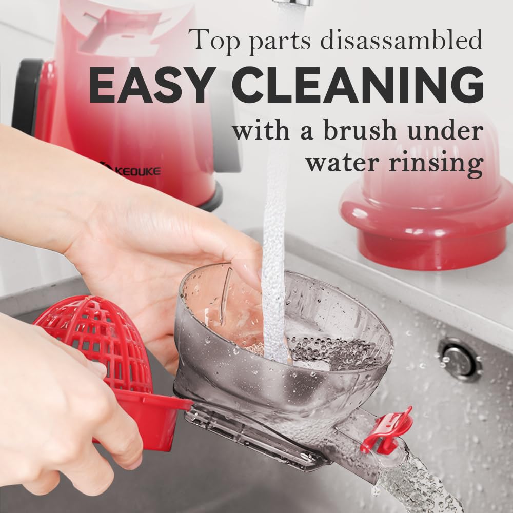 KEOUKE Manual Citrus Juicer Tower Red - Detachable with Juice Storage, Non-Slip Suction Base, Easy to Clean, Includes Cleaning Brush - for Oranges, Lemons, Limes, Grapefruits