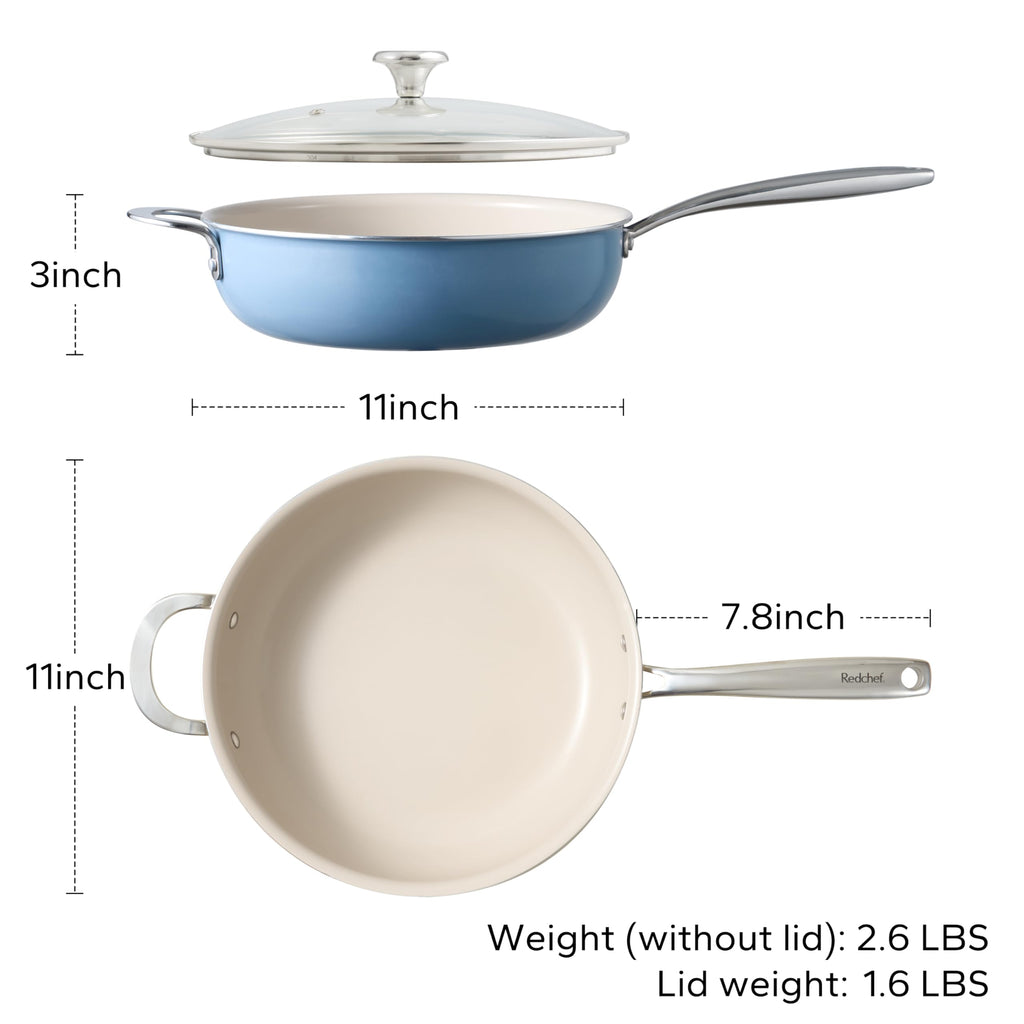 Redchef Ceramic Saute Pan with Lid, Nonstick Deep Frying Pan, 5QT Jumbo Cooker with Helper Handle & Lid, Non Toxic Ceramic Cooking Pan, Chef Pan, Dishwasher & Oven Safe, PFAS PFOA & PTFE Free