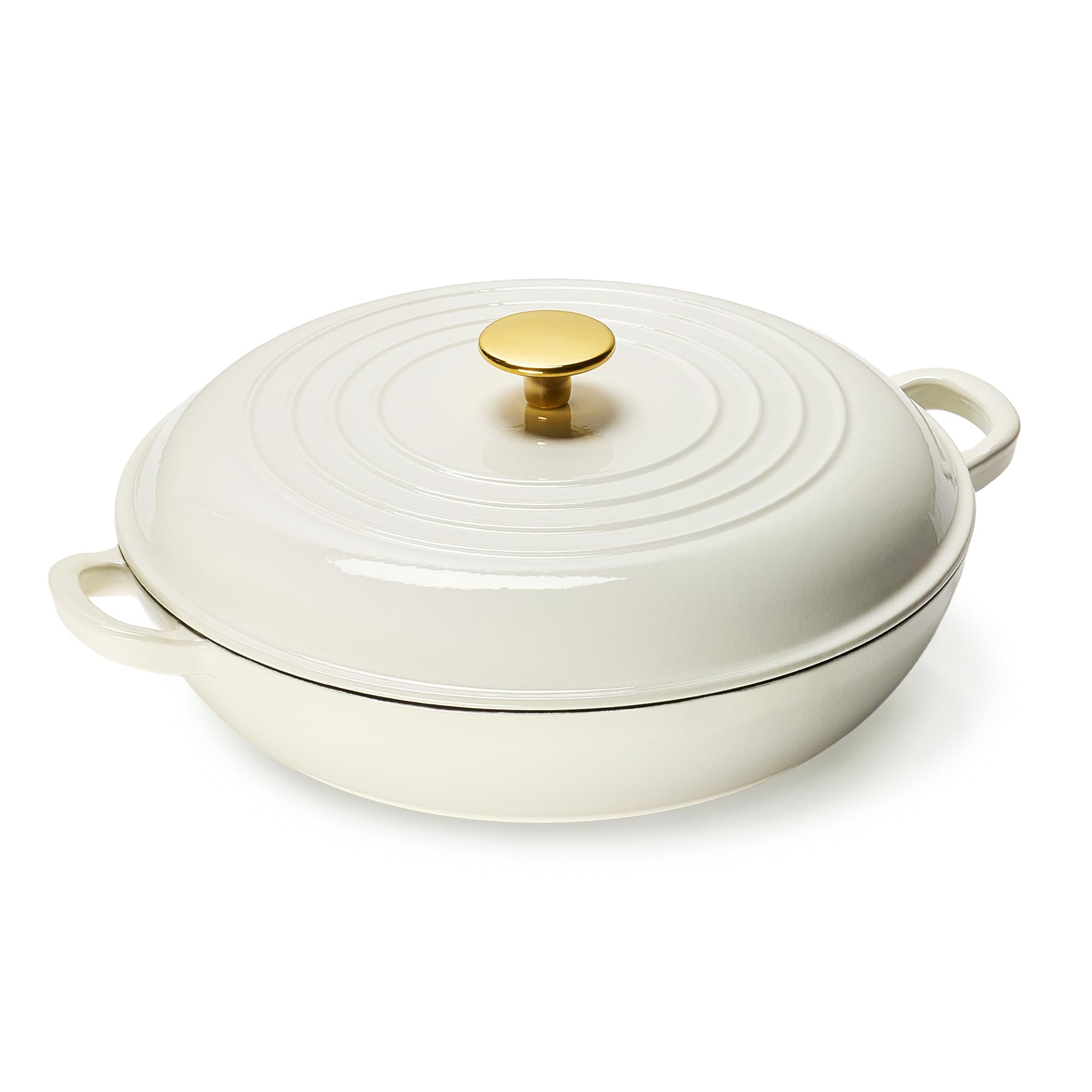 CAROTE 3.4QT Enameled Cast Iron Braiser Pan, Shallow Dutch Oven Casserole Skillets, Non-Toxic Cast Iron Pot with Lid for Grilling, Searing, Baking, Dual Handles, All Stovetop Compatible, White
