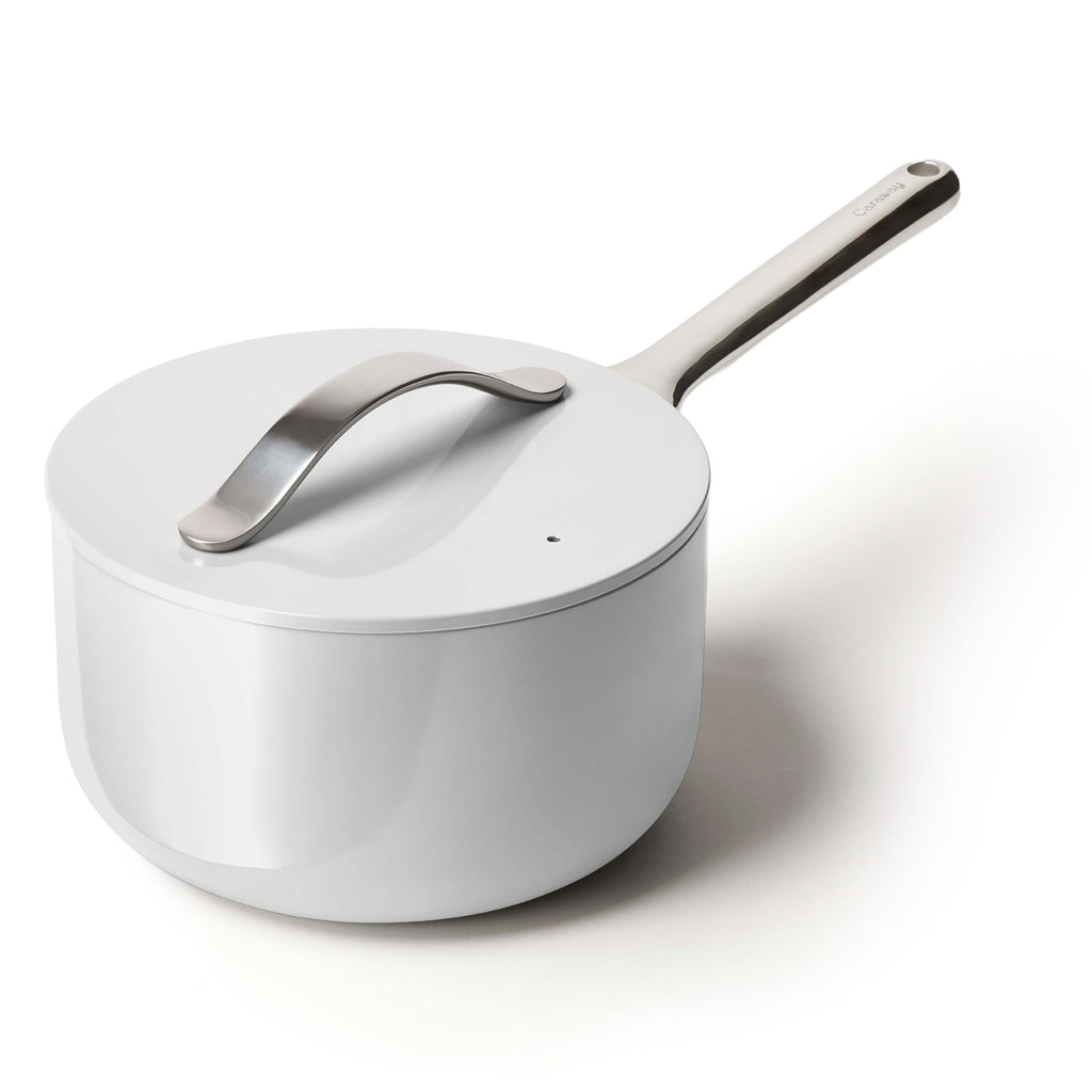 Caraway Nonstick Ceramic Sauce Pan with Lid (3 qt) - Non Toxic, PTFE & PFOA Free - Oven Safe & Compatible with All Stovetops (Gas, Electric & Induction) - Cream