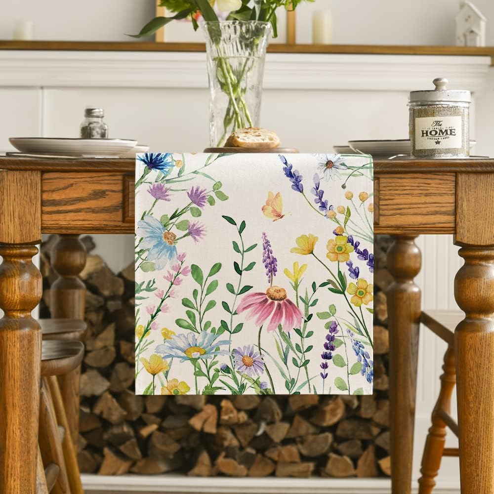 Artoid Mode Daisy Eucalyptus Lavender Floral Leaves Summer Table Runner, Spring Kitchen Dining Table Decoration for Home Party Decor 13x72 Inch