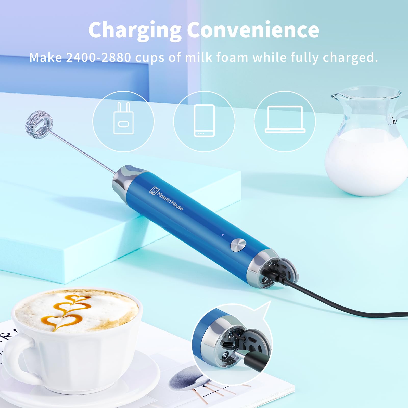 Maestri House Rechargeable Milk Frother with Stand, LunaFro Handheld Electric Foam Maker Waterproof Detachable Stainless Steel Whisk Drink Mixer Foamer for Lattes, Cappuccino
