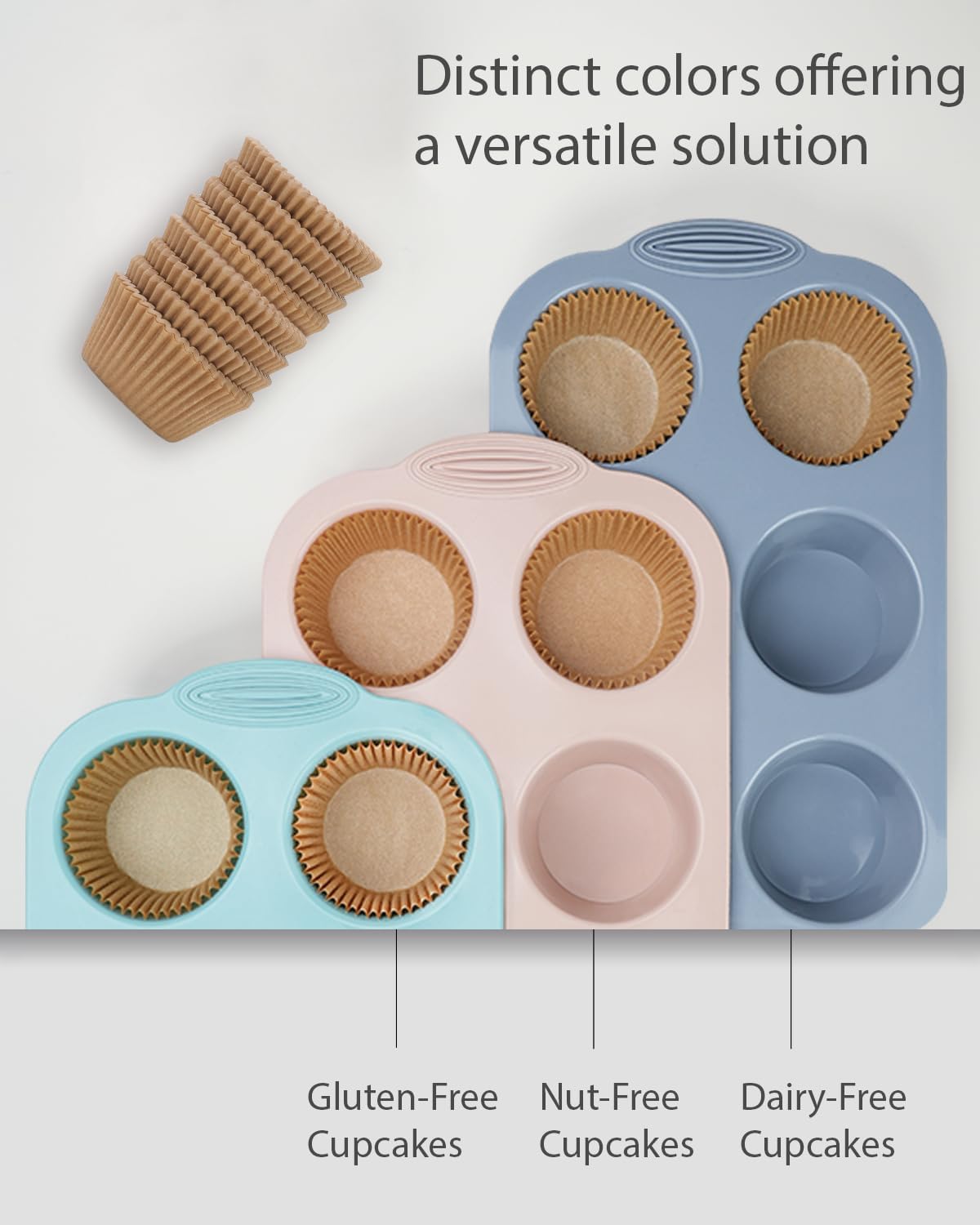 Silicon Muffin Pan-3-pack includes 100 Natural Cupcake Liners, 6-cavity Regular Size, BPA Free, Egg Bite & Muffin Molds for Baking